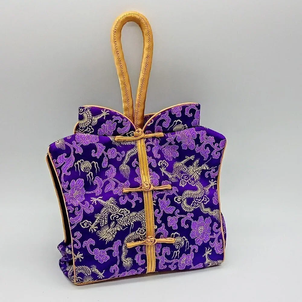 Chinese Purple Gold Silk Brocade Bag